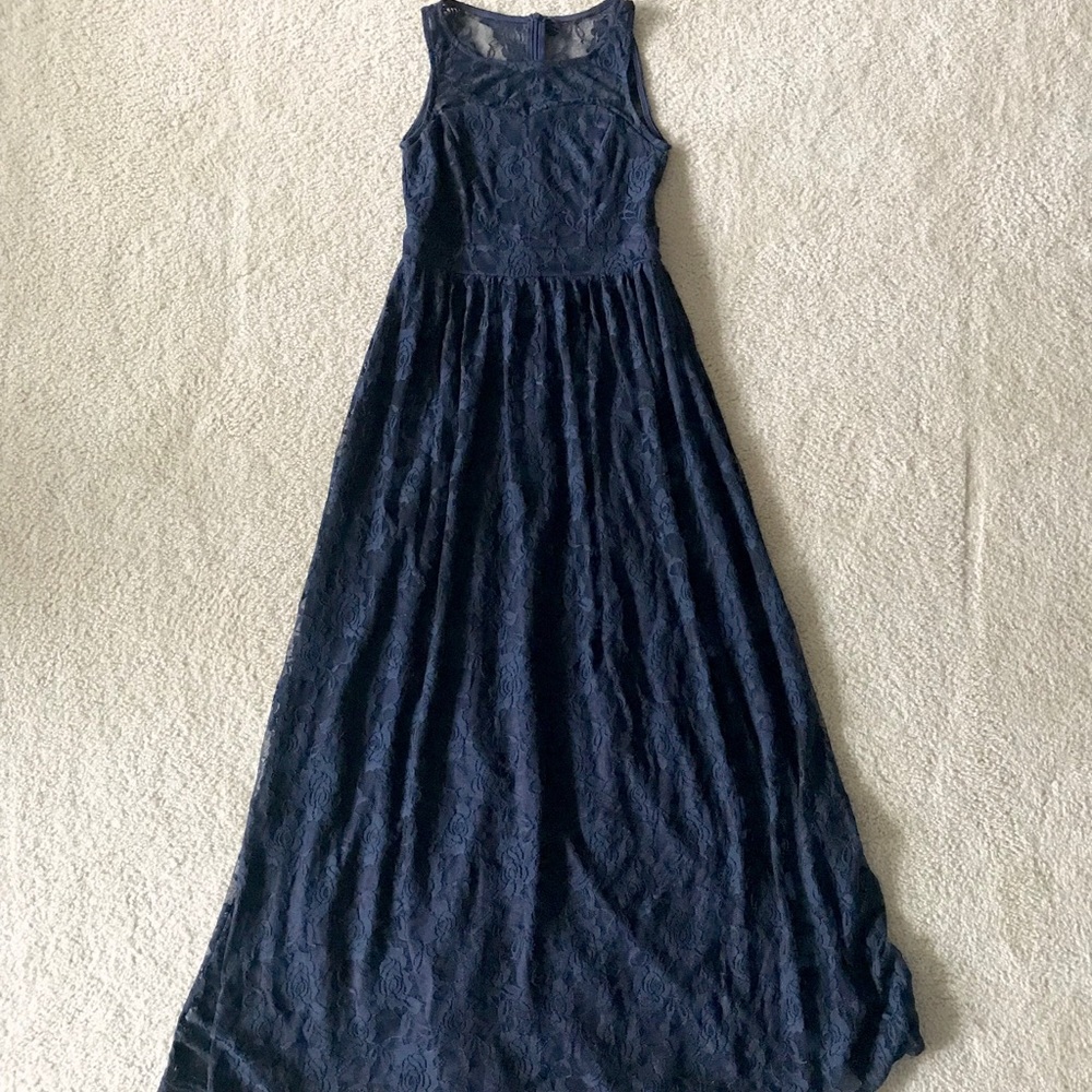 Navy Blue Long Floral Lace Bridesmaid Dress